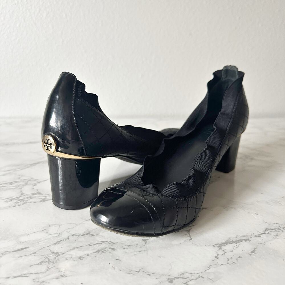 Tory Burch Black Patent Heels with Gold Emblem